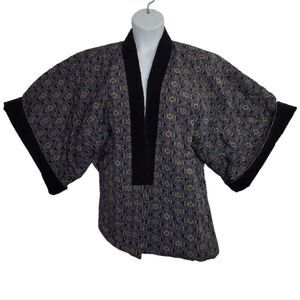 VINTAGE Japanese navy blue floral boro cloth padded kimono with‎ velvet collar